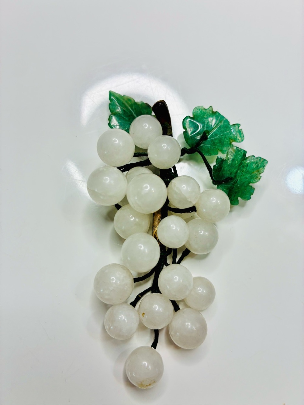 Vintage White Jade Grape Cluster Brooch with Green Carved Leaves 40g -READ